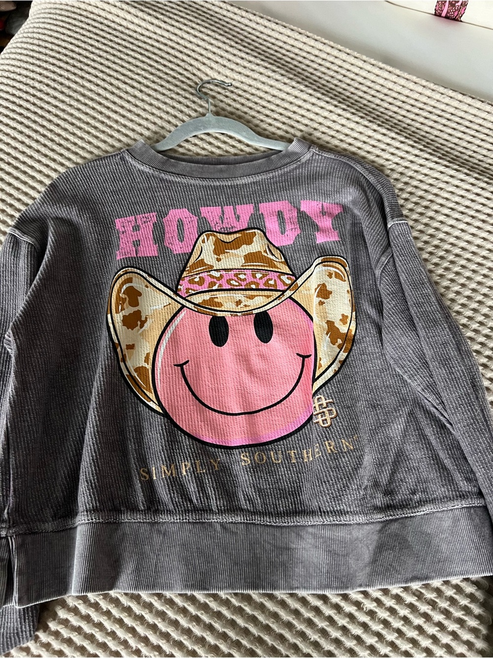 Simply Southern Gray Pullover with Pink Smiley and Cowgirl Hat